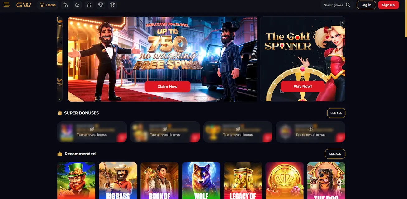 Startseite und Spiellobby von Goldwin Casino