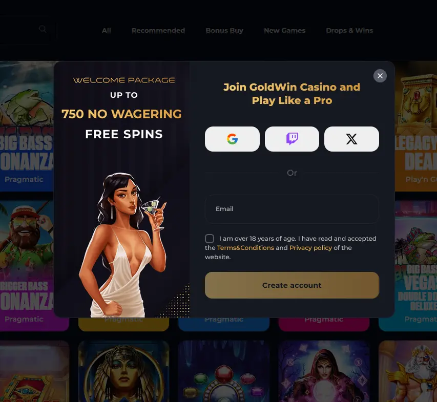 Registrierungsformular von Goldwin Casino für ein neues Spielerkonto